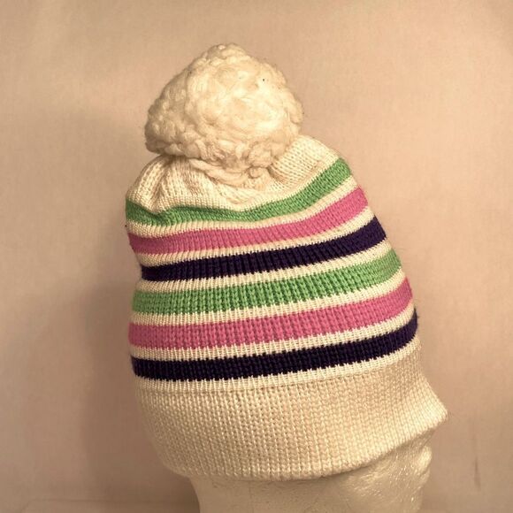 VINTAGE WHITE POM POM WITH GREEN/PINK/PURPLE STRIPES SKI HAT BY MEISTER EVC - Picture 1 of 5